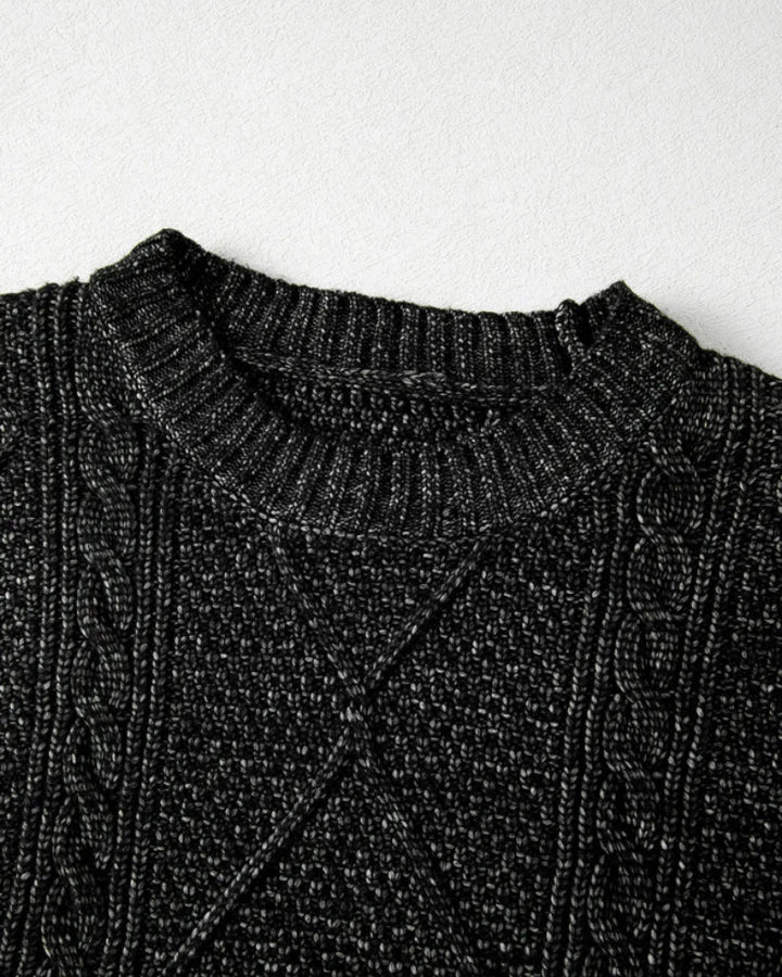 Round Neck Long Sleeve Drop Shoulder Pullover Sweater Casual Loose Fit Cable Knit Mid Length Sweater