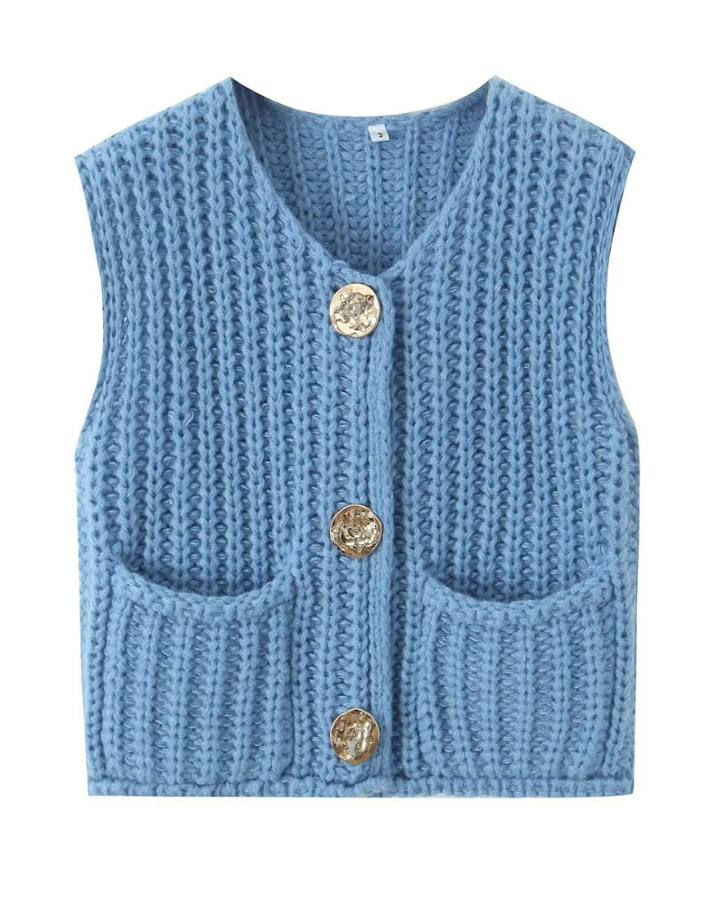 V-Neck Sleeveless Button Front Knit Vest Casual Loose Fit Sweater Top with Pockets