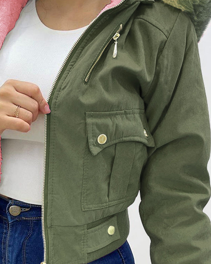 Fuzzy Trim Jacket Hooded Zip Up Fleece Lined Coat Outwear with Pockets