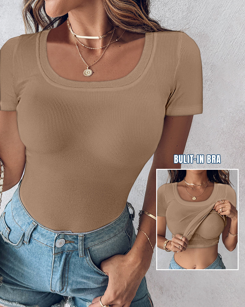 Built-in Bra U-neck Short Sleeve T-shirt Rib-knit Top