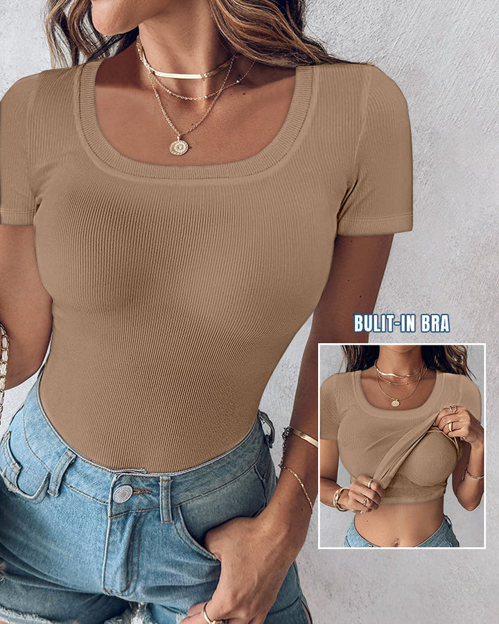 Built-in Bra U-neck Short Sleeve T-shirt Rib-knit Top