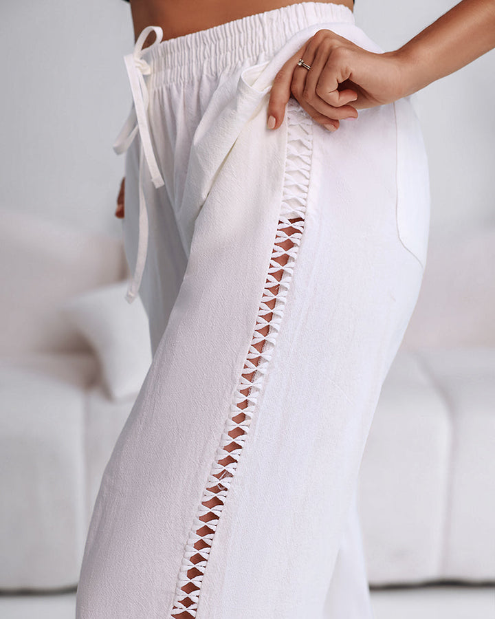 Hollow Out Lace Patch Pocket Design Casual Pants