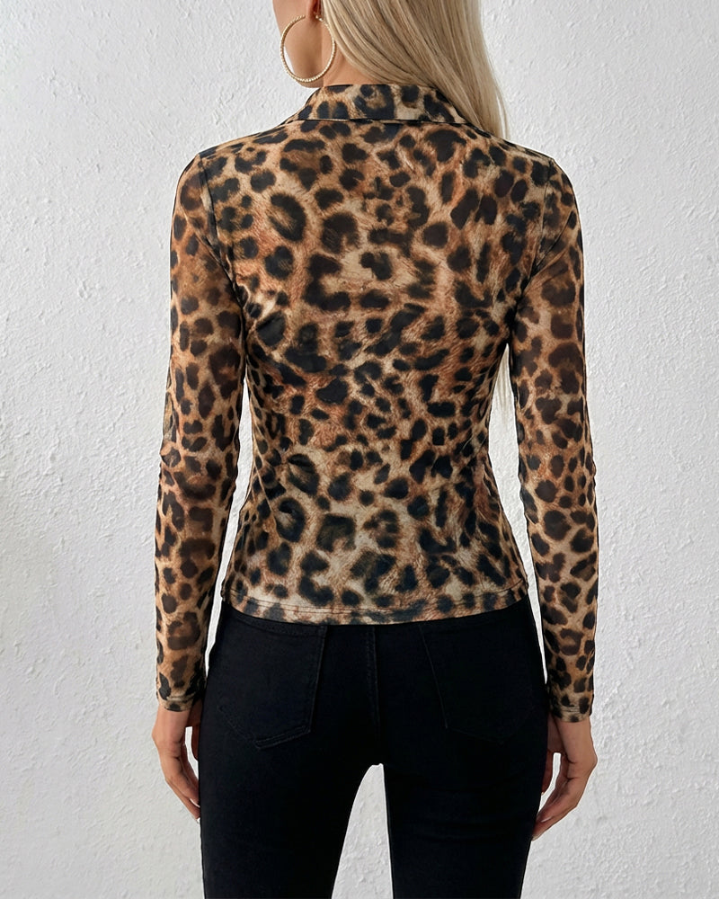 Leopard Print Turn-down Collar V-Neck Button Front Shirt Slim Fit Long Sleeve Ruched Sheer Mesh Top with Lining