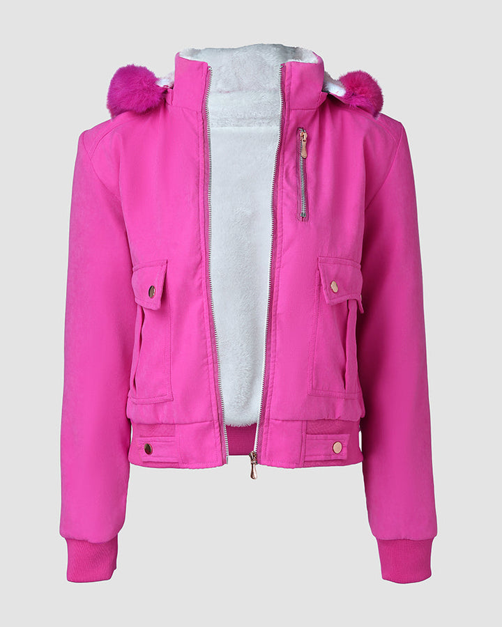 Fuzzy Trim Jacket Hooded Zip Up Fleece Lined Coat Outwear with Pockets