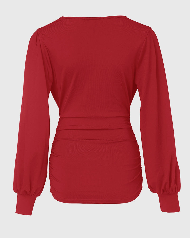 Deep V-Neck Lantern Sleeve Ruched Blouse Casual Slim Fit Top