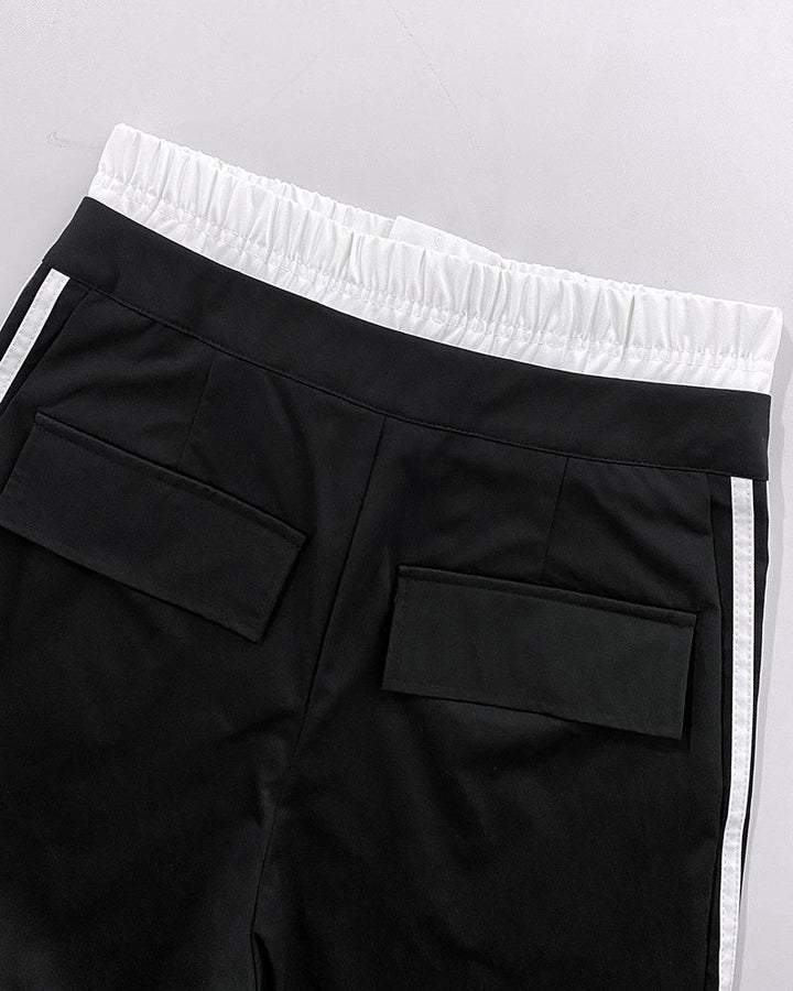 Contrast Side Striped Zipper Fly Stretchy High Waist Pants Flap Pockets Design Double Waistband Cargo Pants