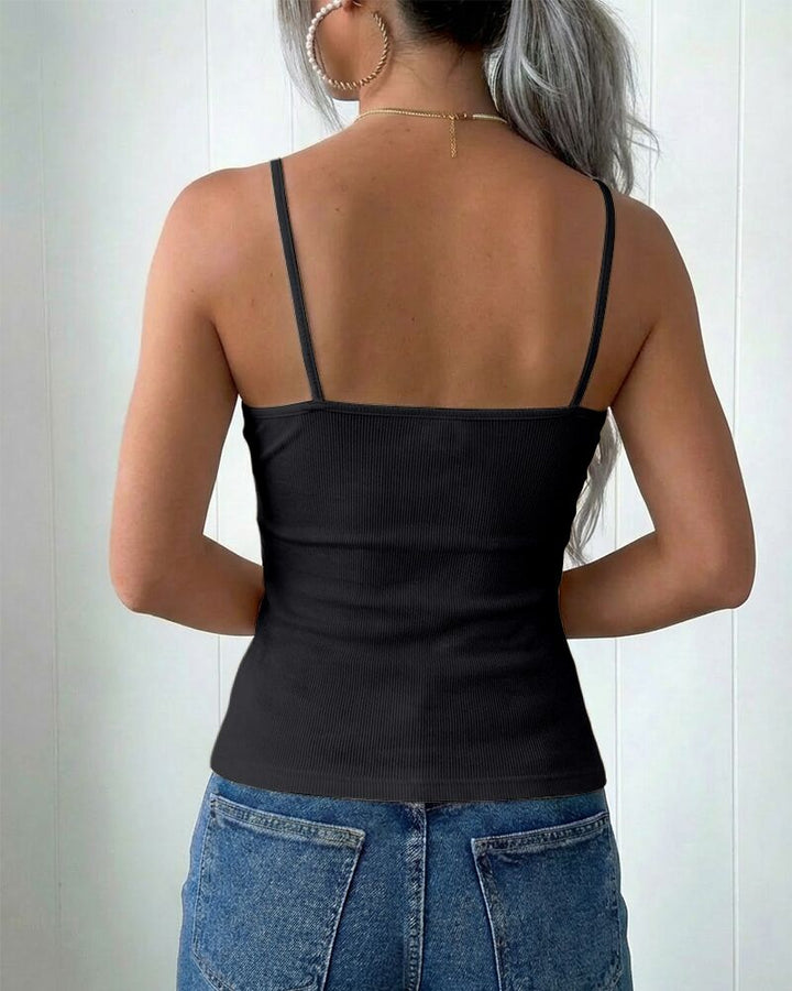 French Style V-Neck Spaghetti Straps Lace Spliced Top Slim Fit Ribbed Cami Top with Built-In Bra