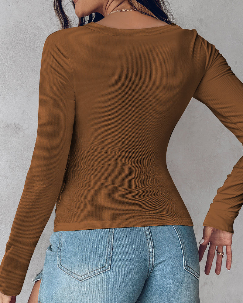 Chicme Built In Bra U Neck Long Sleeve Ribbed Top