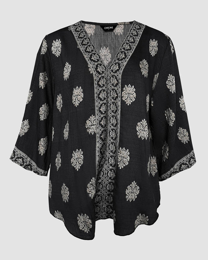 Floral Print V Neck Long Sleeve Blouse Casual Loose Fit Top