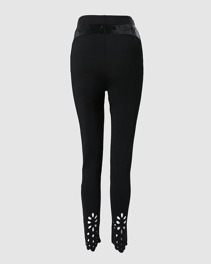 Floral Hollow Out Asymmetrical Hem Elastic Waist Skinny Pants