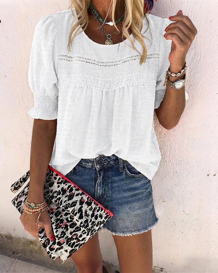 Puff Sleeve Hollow-out Lace Spliced 3D Jacquard Blouse Casual Shirred Cuffs Loose Fit Top