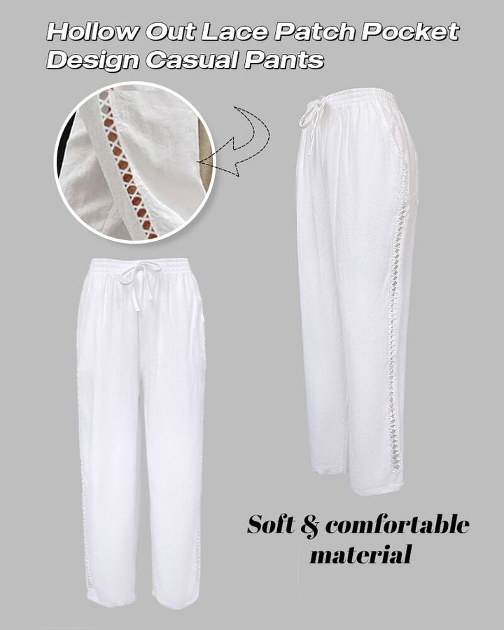 Hollow Out Lace Patch Pocket Design Casual Pants