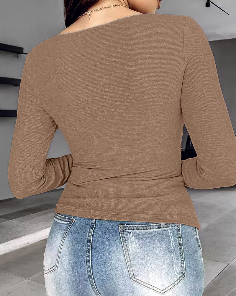 Chicme Built In Bra Notch Neck Long Sleeve Shirts Rib Knit Ruched Waist Top