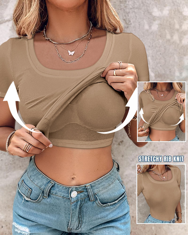 Built-in Bra U-neck Short Sleeve T-shirt Rib-knit Top