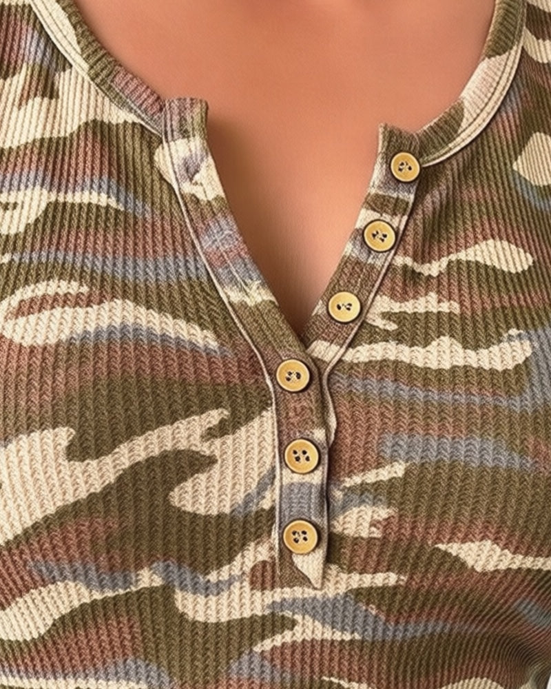 Vintage Camouflage Print Henley Sleeveless Racerback Tank Slim Fit Half Button Front Waffle Knit Tank Top
