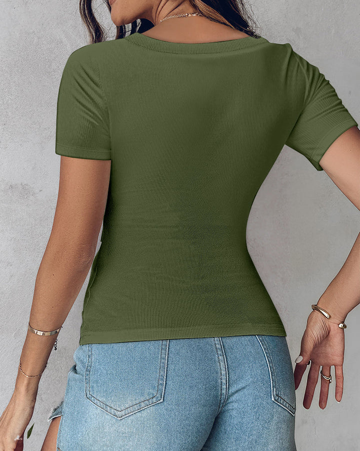 Built-in Bra U-neck Short Sleeve T-shirt Rib-knit Top