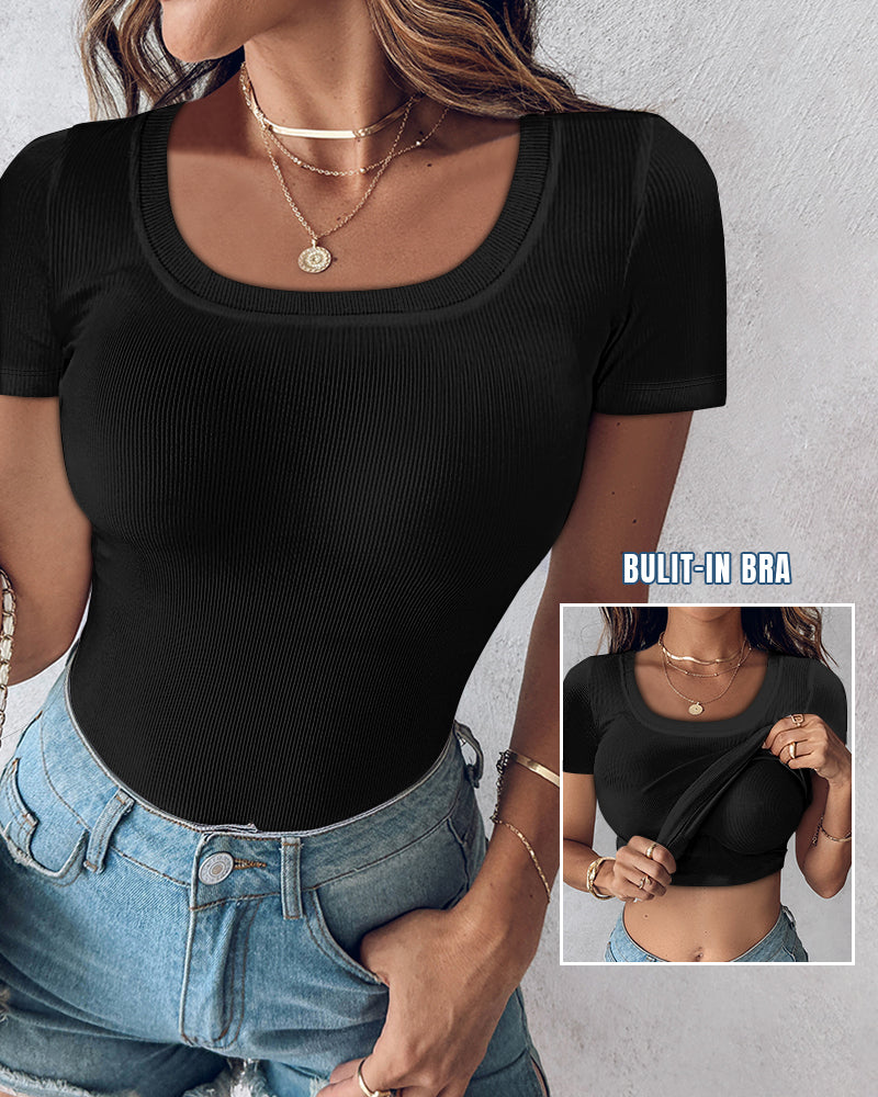 Built-in Bra U-neck Short Sleeve T-shirt Rib-knit Top