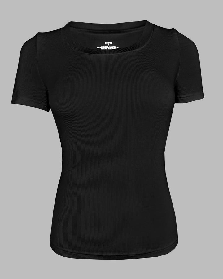 Built-in Bra U-neck Short Sleeve T-shirt Rib-knit Top
