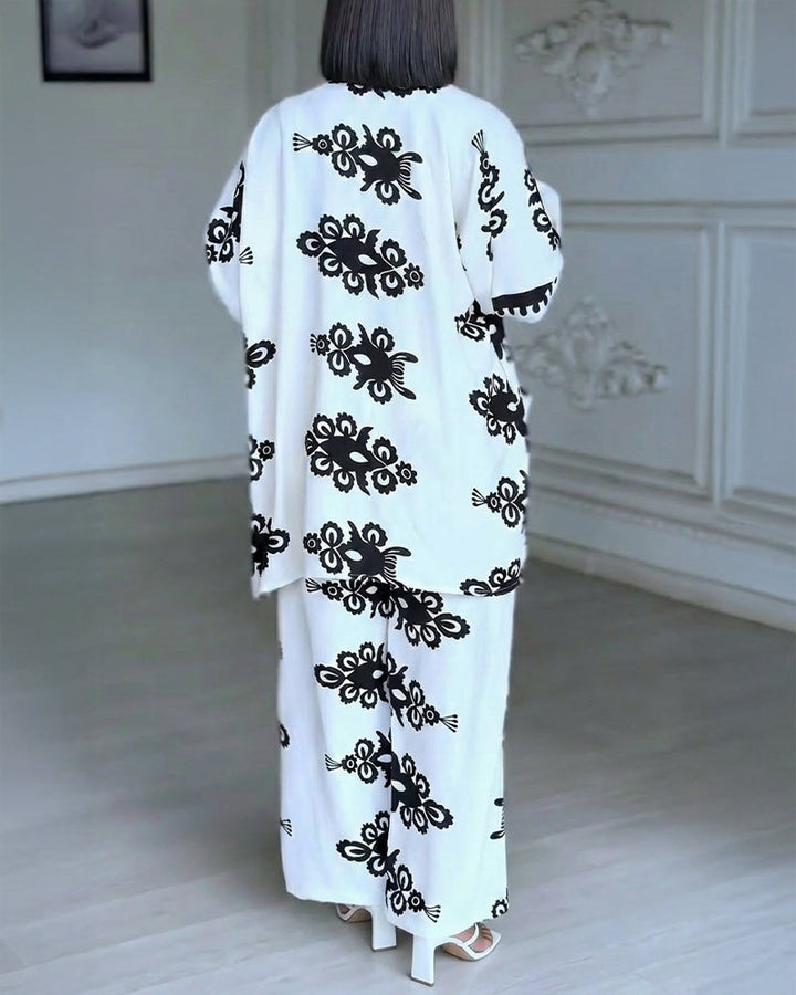 2 Pieces Outfit Open Front Long Sleeve Coat and Drawstring Elastic Waist Wide Leg Pants Set Casual Vintage Baroque Print Loose Fit Set without Tank Top