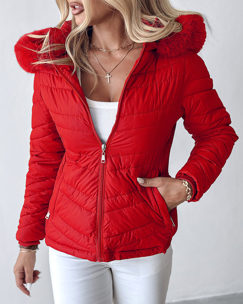 Zipper Pocket Design Shirred Fuzzy Trim Fleece Lined Hooded Puffer Jacket