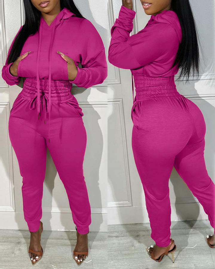 2 Pieces Outfit Drop Shoulder Kangaroo Pocket Stretchy Hem Crop Drawstring Hoodie Sweatshirt And Drawstring Elastic Waist Jogger Sweatpants Casual Tracksuit