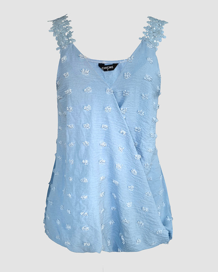 3D Decor Overlap V Neck Lace Crochet Thick Strap Tank Top