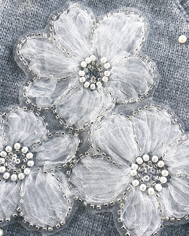 Floral Applique & Pearls Decor Round Neck Single Breasted Knit Cardigan Casual Crop Sweater Coat