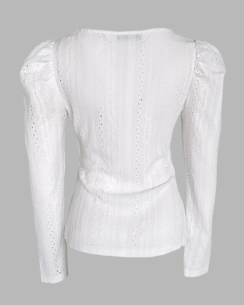 Jacquard Square Neck Puff Sleeve Eyelet Embroidery T-Shirt Long Sleeve Slim Fit Top