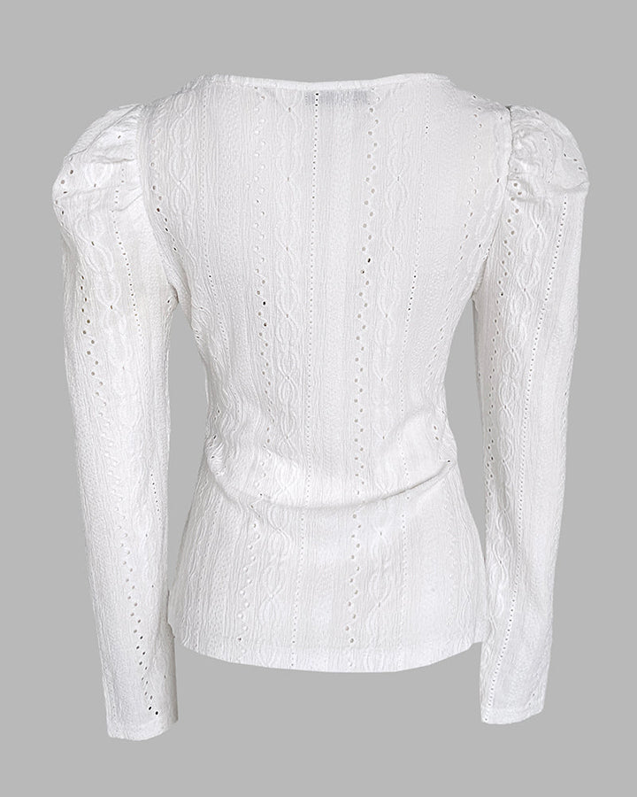 Jacquard Square Neck Puff Sleeve Eyelet Embroidery T-Shirt Long Sleeve Slim Fit Top