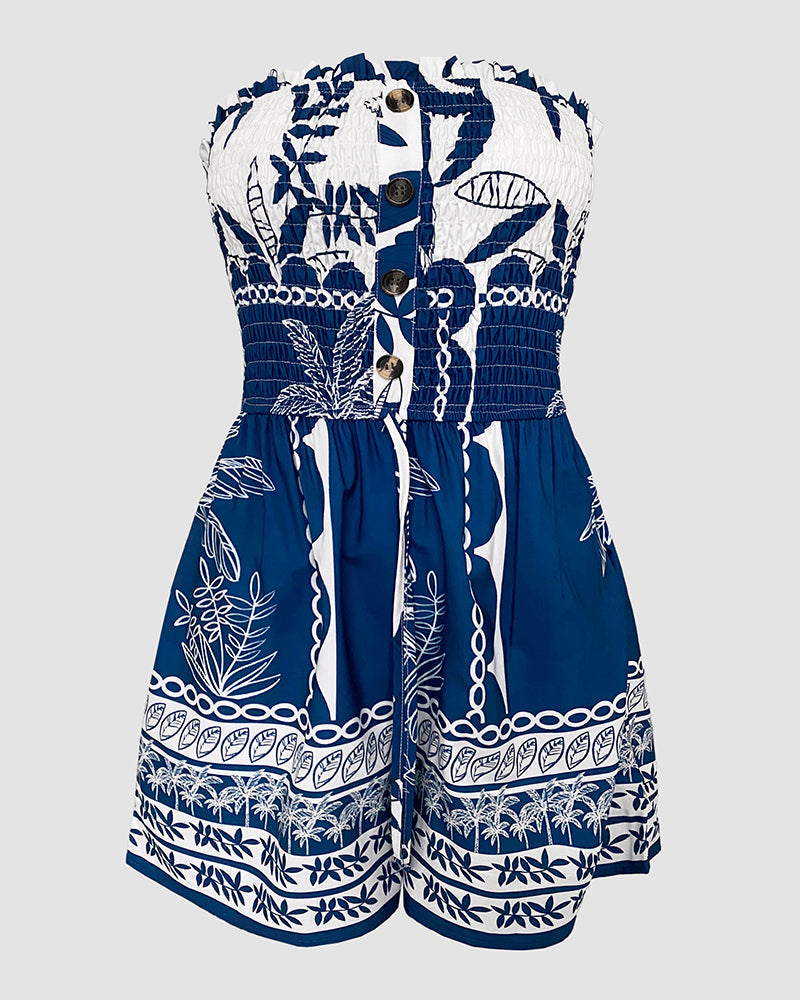 Floral Print Bandeau Shirred Romper Casual Button Decor Short Jumpsuit