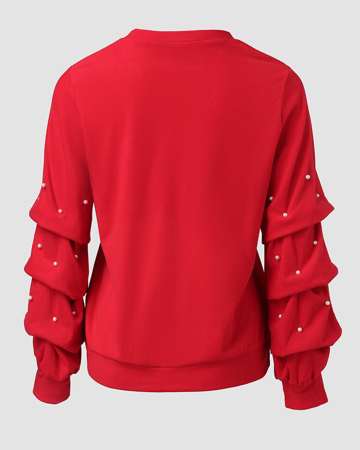 Keyhole Neck Long Sleeve Pullover Top Beaded Hollow Out Blouse Top