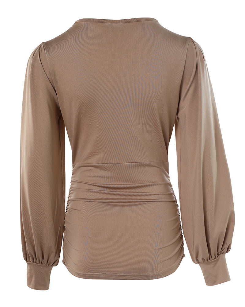 Deep V-Neck Lantern Sleeve Ruched Blouse Casual Slim Fit Top