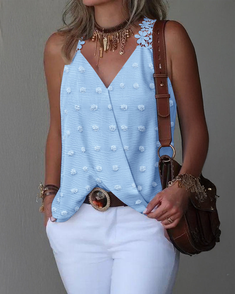 3D Decor Overlap V Neck Lace Crochet Thick Strap Tank Top