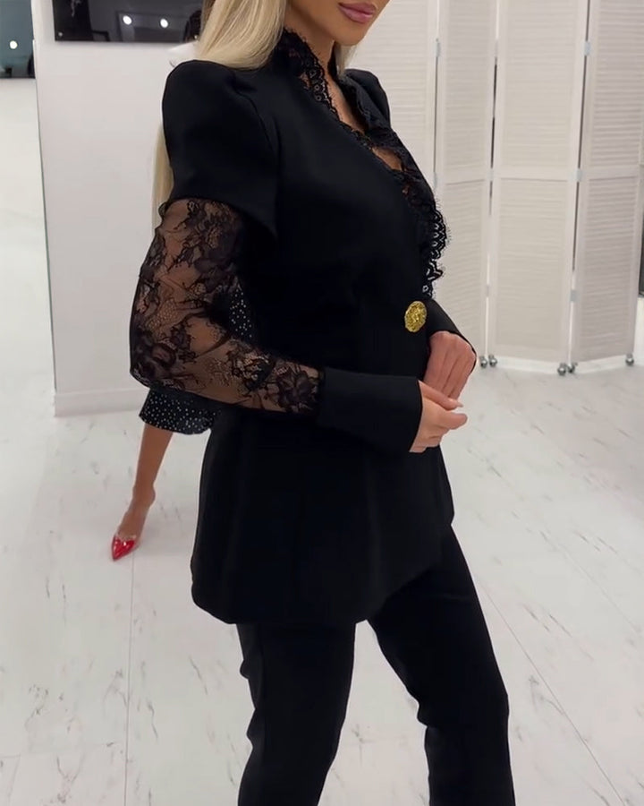 Eyelash Lace Trim Deep V-Neck Puff Sleeve Single Breasted Coat Lace Spliced Waist A-Line Blazer Coat