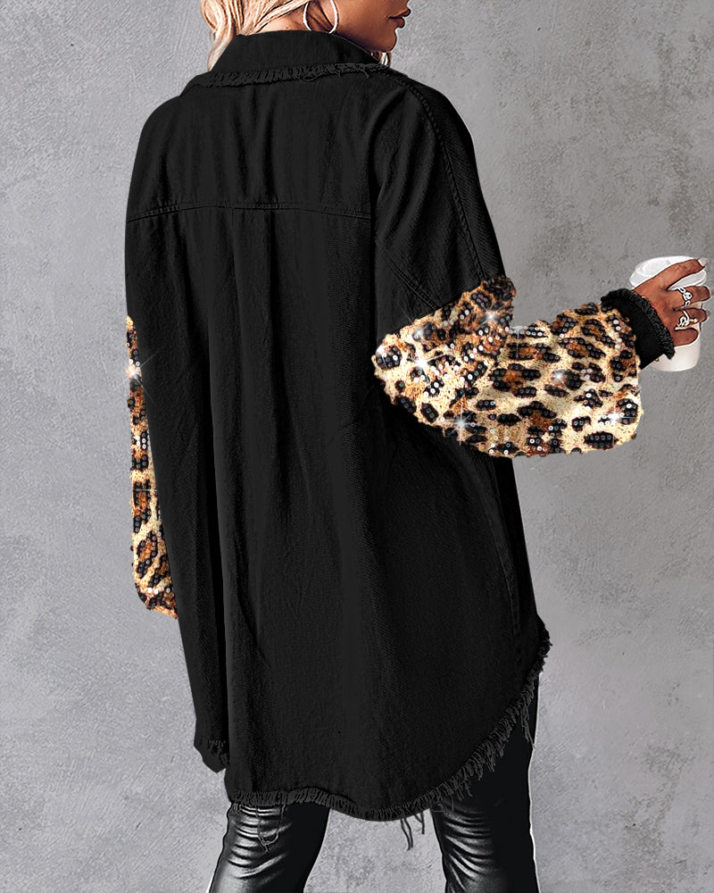 Contrast Leopard Sequin Patchwork Long Sleeve Jacket Top Button Front Raw Hem Shacket
