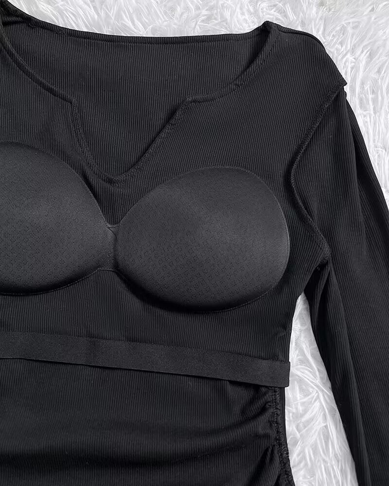 Chicme Built In Bra Notch Neck Long Sleeve Shirts Rib Knit Ruched Waist Top