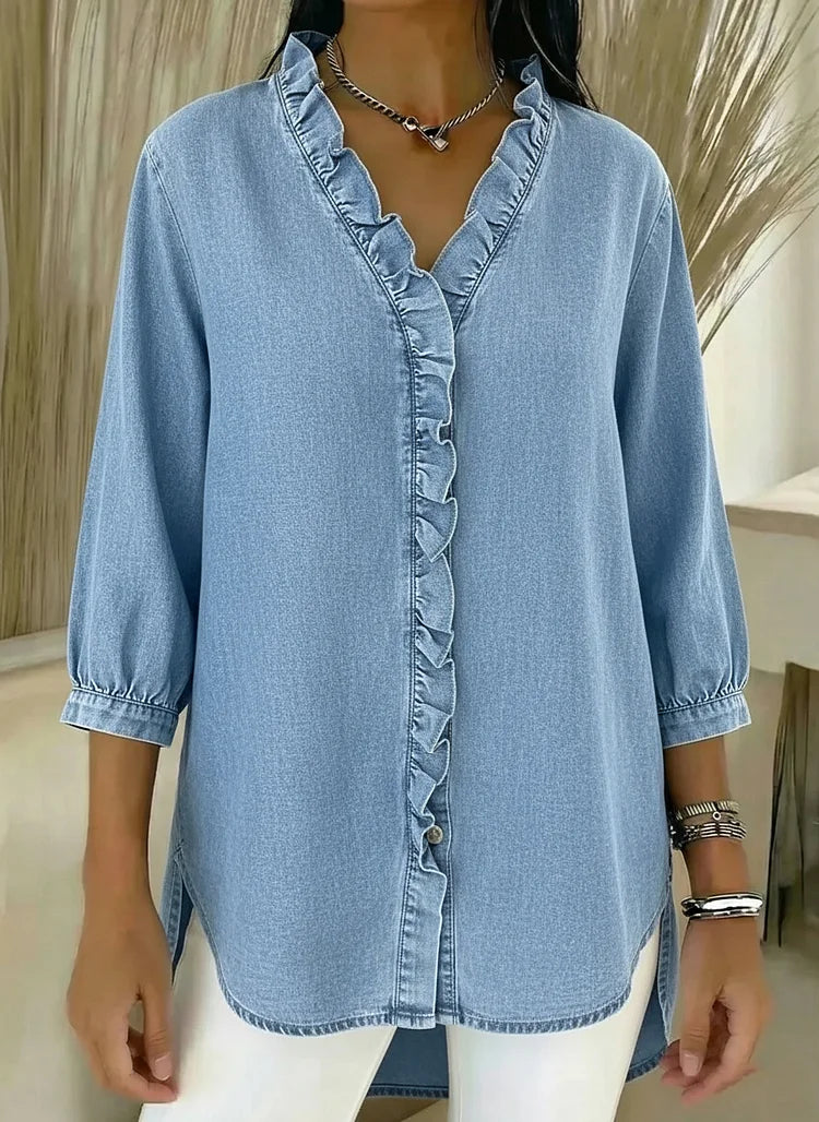 Nieuwe collectie 🔥 Casual denim shirt met V-hals en ruches voor dames