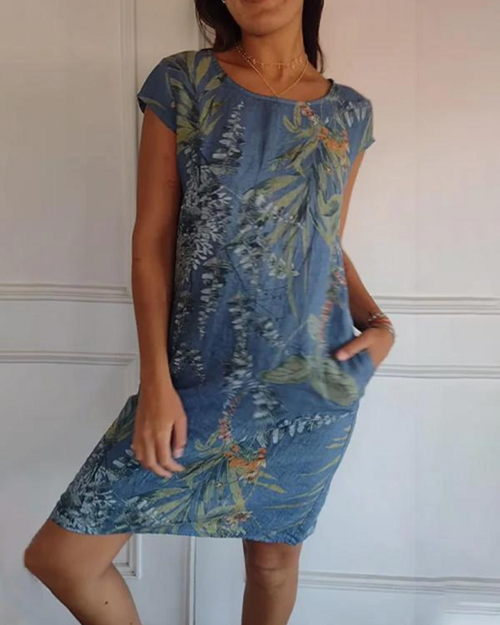 Joanna | Printed Cotton-Linen Dress with Round Neck