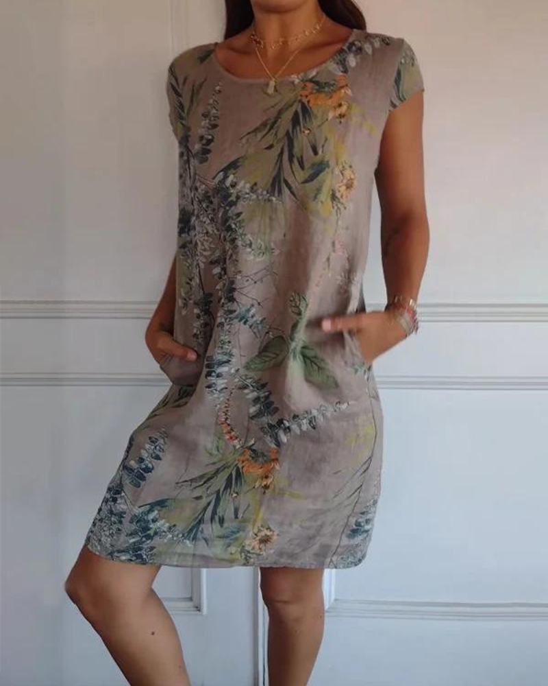 Joanna | Printed Cotton-Linen Dress with Round Neck