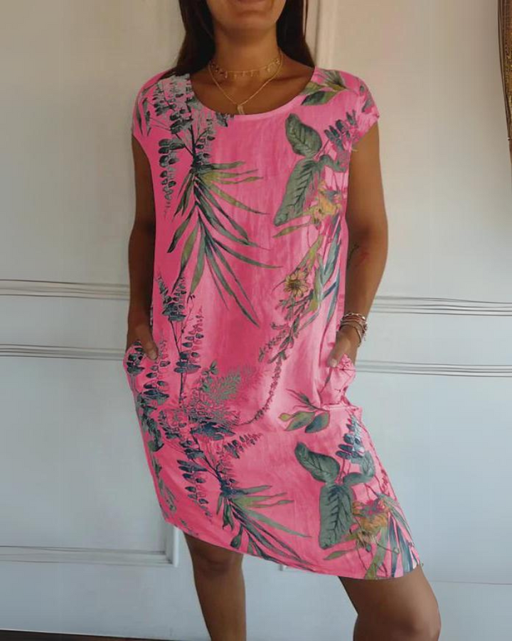 Joanna | Printed Cotton-Linen Dress with Round Neck
