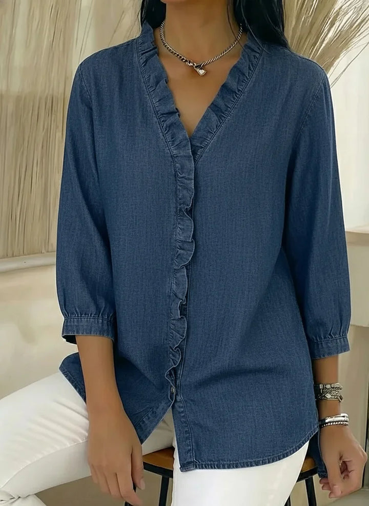 Nieuwe collectie 🔥 Casual denim shirt met V-hals en ruches voor dames