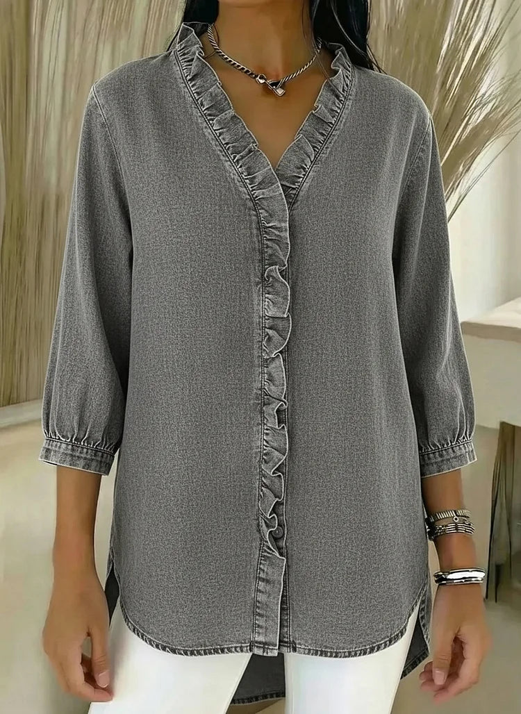 Nieuwe collectie 🔥 Casual denim shirt met V-hals en ruches voor dames