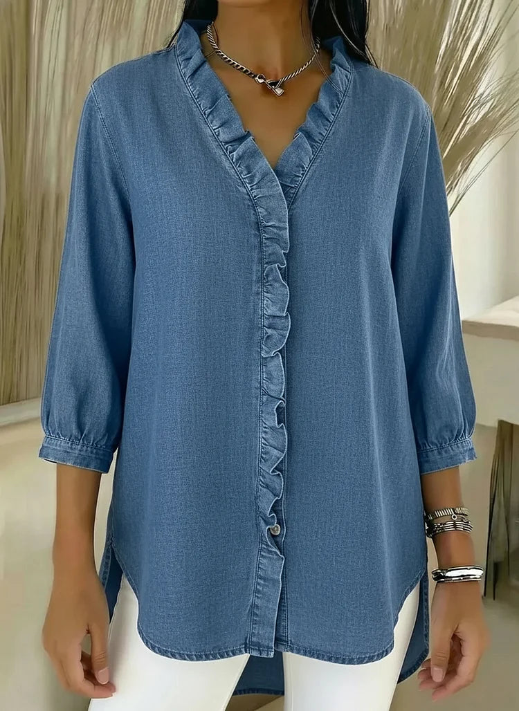 Nieuwe collectie 🔥 Casual denim shirt met V-hals en ruches voor dames