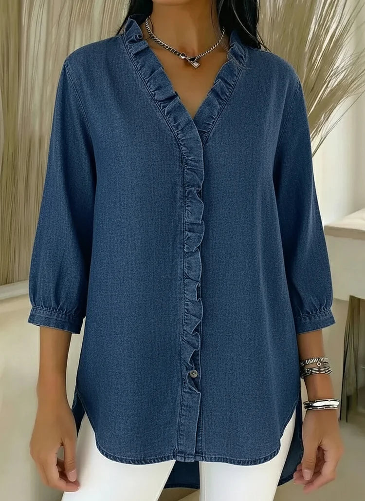 Nieuwe collectie 🔥 Casual denim shirt met V-hals en ruches voor dames