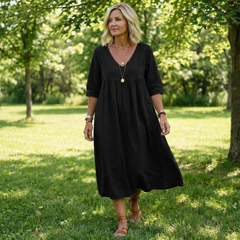 Women’s Lace Trim Denim Dress – Casual Loose Fit Vintage Denim Dress