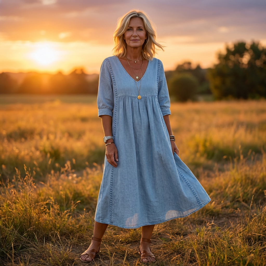 Women’s Lace Trim Denim Dress – Casual Loose Fit Vintage Denim Dress