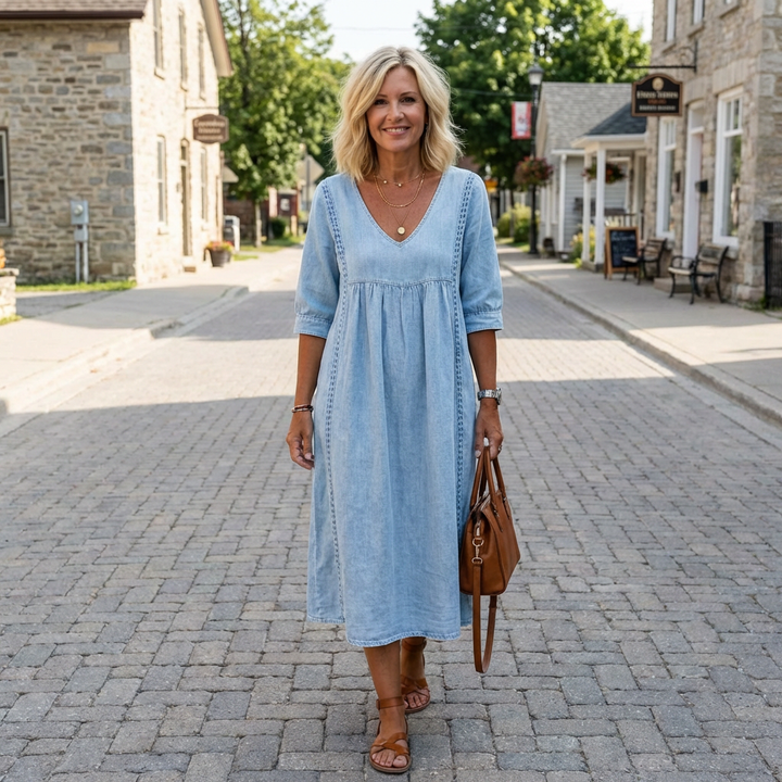 Women’s Lace Trim Denim Dress – Casual Loose Fit Vintage Denim Dress