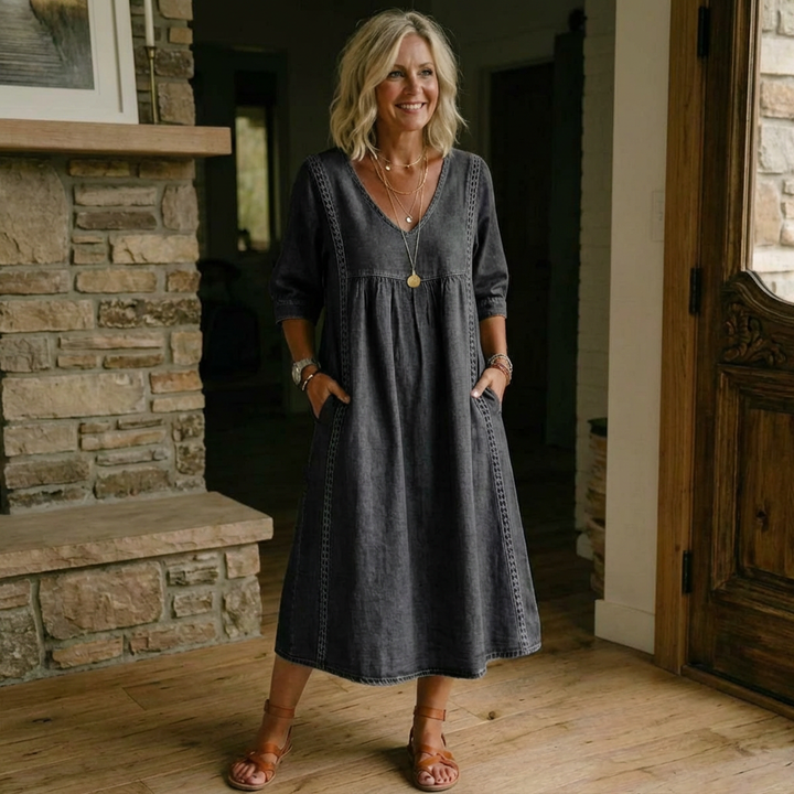 Women’s Lace Trim Denim Dress – Casual Loose Fit Vintage Denim Dress