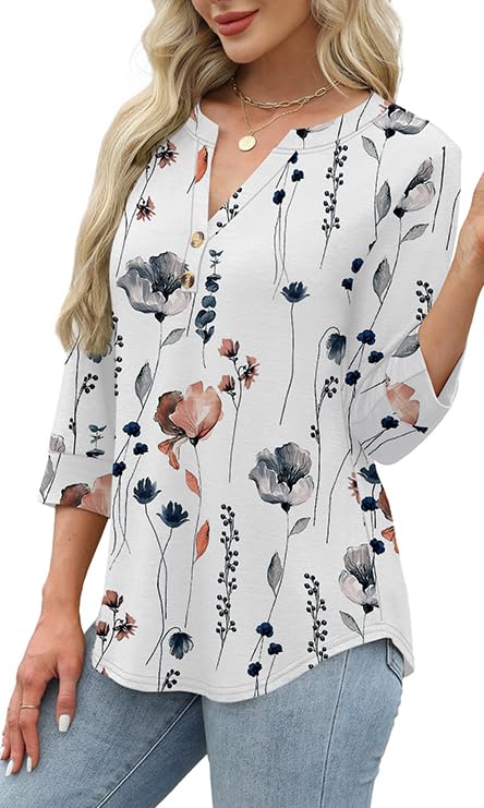Floral Print Boho V-Neck Button Blouse
