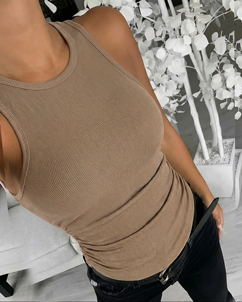 Round Neck Sleeveless Side Ruched Tank Slim Fit Ribbed Racerback Tank Top